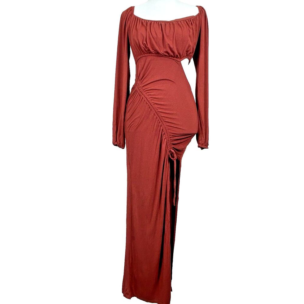 Fashion Nova Vanessa High Slit Maxi Dress Long Sleeve Cut out Ruched Club Medium